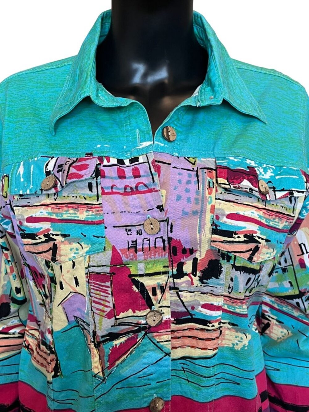 Jane Ashley Teal Green Mediterranean Harbor Print Jacket L - Picture 4 of 6